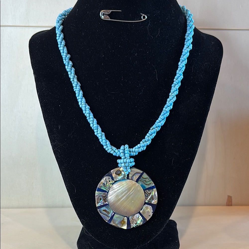 Blue Beaded Necklace with Shell Pendant